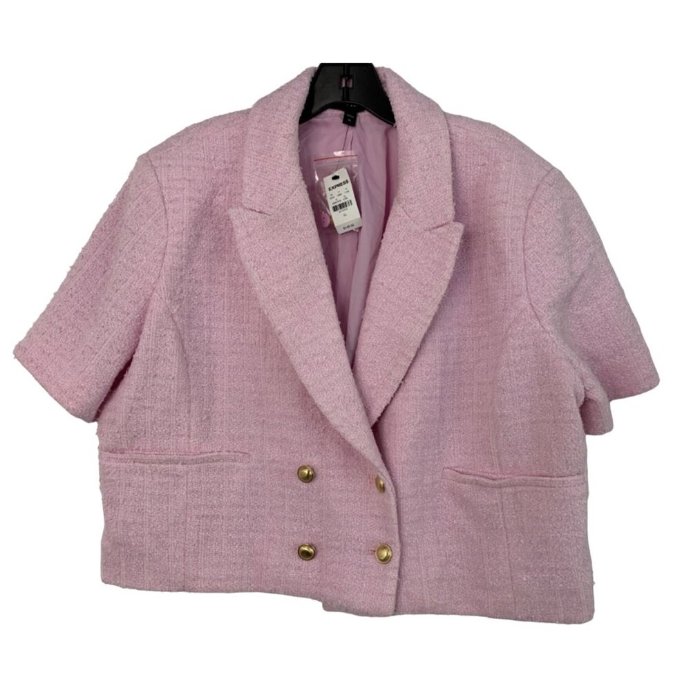 Express Womens Pink Double-Breasted Tweed Cropped Blazer Jacket XL NWT 7763
